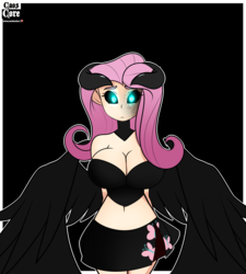 Size: 3600x4000 | Tagged: safe, artist:caoscore, fluttershy, demon, human, g4, belly button, big breasts, black background, breasts, busty fluttershy, cleavage, clothes, demon wings, demonic eyes, demonshy, female, humanized, midriff, simple background, skirt, solo, wings