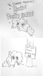 Size: 1397x2447 | Tagged: safe, artist:tjpones, pinkie pie, earth pony, pony, g4, black and white, breaking the law, comic, confetti, female, fuck the police, grayscale, hat, honko! the party horse!, lineart, madorable, mare, monochrome, onomatopoeia, party hat, party horn, party whistle, ponk, simple background, solo, traditional art