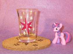 Size: 1988x1491 | Tagged: safe, artist:malte279, twilight sparkle, g4, coaster, cork, craft, cutie mark, glass, glass painting, pyrography, shot glass, traditional art