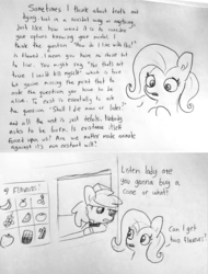 Size: 1692x2224 | Tagged: safe, artist:tjpones, fluttershy, earth pony, pegasus, pony, g4, black and white, bust, comic, dialogue, duo, ear fluff, existential crisis, female, food, grayscale, ice cream, ice cream shop, lineart, mare, misspelling, monochrome, mood whiplash, philosophy, simple background, traditional art