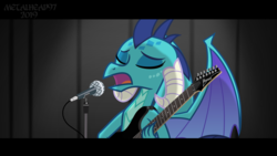 Size: 5000x2813 | Tagged: safe, artist:metalhead97, princess ember, dragon, g4, dragoness, female, guitar, microphone, show accurate, singing, solo, that dragon sure does love guitars