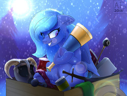 Size: 1280x969 | Tagged: dead source, safe, artist:airfly-pony, oc, oc only, pegasus, pony, rcf community, cart, female, helmet, mare, snow, snowfall, solo, sword, telescope, weapon, winter