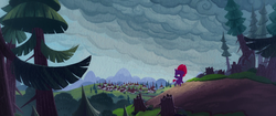 Size: 1920x804 | Tagged: safe, screencap, tempest shadow, pony, unicorn, g4, my little pony: the movie, broken horn, eye scar, female, filly, filly tempest shadow, foal, horn, looking back, open up your eyes, overcast, pine tree, scar, tempest's village, tree, village