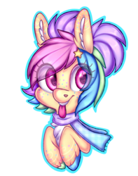 Size: 1024x1298 | Tagged: safe, artist:pinipy, oc, oc only, oc:cadbury creme, pony, bust, chest fluff, clothes, cute, heart eyes, pastel, portrait, rainbow, scarf, simple background, solo, tongue out, transparent background, wingding eyes