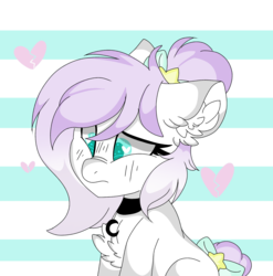 Size: 1329x1346 | Tagged: safe, artist:jup1t3r, oc, oc only, oc:lunette, bat pony, pony, bat pony oc, bow, chest fluff, ear fluff, sad, simple background, solo