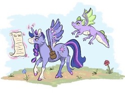 Size: 444x328 | Tagged: safe, artist:applewack, spike, twilight sparkle, alicorn, dragon, pony, g4, blaze (coat marking), braid, coat markings, colored hooves, duo, facial markings, female, flower, flying, male, mare, saddle bag, scroll, socks (coat markings), to-do list, twilight sparkle (alicorn), unshorn fetlocks, winged spike, wings