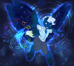 Size: 2160x1920 | Tagged: safe, artist:visionarybuffoon, oc, oc only, oc:skymeadow, pegasus, anthro, astrology, clothes, feather, feather butt, galaxy, homestuck reference, magic, magic wand, night, night sky, pants, ponysona, shirt, sky, solo, starry night, starry wings, stars, wand, wings, zodiac