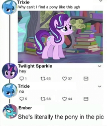 Size: 497x584 | Tagged: safe, princess ember, starlight glimmer, trixie, twilight sparkle, alicorn, dragon, pony, unicorn, the crystalling, triple threat, book, bookshelf, comments, cute, dragoness, face blindness, faves, female, funny, glimmerbetes, grin, i'm literally the guy in the pic, lidded eyes, mare, meme, meta, ponified meme, pony racism, prosopagnosia, reply, retweet, smiling, smirk, squee, subverted meme, text, twiabetes, twilight sparkle (alicorn), twitter