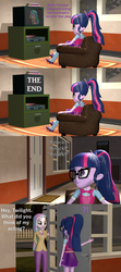 Size: 1920x4320 | Tagged: safe, artist:papadragon69, princess celestia, principal celestia, sci-twi, twilight sparkle, equestria girls, g4, 3d, chair, comic, exclamation point, female, interrobang, old master q, parody, question mark, rain, source filmmaker, television, wet, wet hair, wet mane