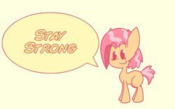 Size: 963x600 | Tagged: safe, artist:typhwosion, babs seed, earth pony, pony, g4, adorababs, beady eyes, blank flank, cute, dialogue, female, positive message, positive ponies, simple background, solo, speech bubble, yellow background
