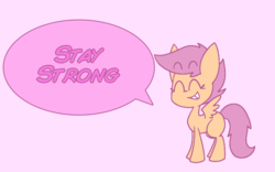 Size: 963x600 | Tagged: safe, artist:typhwosion, scootaloo, pegasus, pony, g4, blank flank, cute, cutealoo, dialogue, eyes closed, female, pink background, positive message, positive ponies, simple background, smiling, solo, speech bubble, spread wings, wings