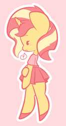 Size: 723x1366 | Tagged: safe, artist:typhwosion, sunset shimmer, unicorn, semi-anthro, g4, arm hooves, beady eyes, blushing, clothes, cute, female, pink background, pleated skirt, profile, question mark, shimmerbetes, shoes, simple background, skirt, solo, speech bubble