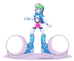 Size: 800x655 | Tagged: safe, artist:riouku, part of a set, rainbow dash, equestria girls, g4, blushing, clothes, commission, compression shorts, feet, female, fetish, foot fetish, foot growth, gritted teeth, growth, impossibly large feet, one eye closed, part of a series, simple background, skirt, solo, white background