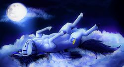 Size: 2713x1474 | Tagged: safe, artist:greenleafy1, soarin', pony, g4, cloud, male, moon, night, sleeping, solo