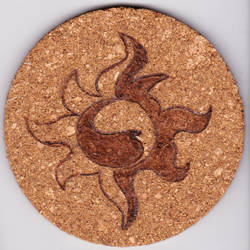 Size: 894x894 | Tagged: safe, artist:malte279, sunset shimmer, g4, coaster, cork, craft, cutie mark, pyrography, traditional art