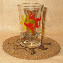 Size: 1476x1476 | Tagged: safe, artist:malte279, sunset shimmer, g4, coaster, cork, craft, cutie mark, glass, glass painting, pyrography, shot glass, traditional art