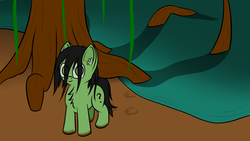 Size: 3840x2160 | Tagged: safe, artist:shpoople, oc, oc:filly anon, dirty, female, filly, high res, messy mane, mud, muddy, roots, swamp, swamp monster, tree, water