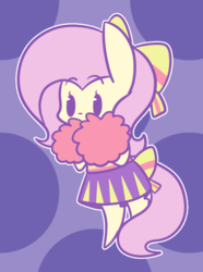 Size: 496x668 | Tagged: safe, artist:typhwosion, fluttershy, pegasus, pony, g4, beady eyes, bipedal, bow, cheerleader, clothes, cute, female, hair bow, mare, pleated skirt, pom pom, shyabetes, skirt, solo, tail bow