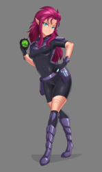 Size: 1195x2000 | Tagged: safe, artist:thebrokencog, tempest shadow, human, g4, my little pony: the movie, armor, elf ears, female, gray background, hand on hip, humanized, orb, simple background, solo, unconvincing armor