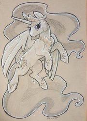 Size: 2160x3000 | Tagged: safe, artist:darkodraco, princess celestia, alicorn, pony, colored pencil drawing, ethereal mane, female, hoof shoes, ink drawing, jewelry, looking at you, mare, partial color, peytral, regalia, simple background, sketch, smiling, solo, traditional art