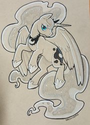 Size: 2158x3000 | Tagged: safe, artist:darkodraco, princess luna, alicorn, pony, g4, colored pencil drawing, ethereal mane, female, high res, hoof shoes, ink drawing, jewelry, lidded eyes, looking at you, mare, partial color, peytral, regalia, simple background, sketch, smiling, solo, starry mane, traditional art