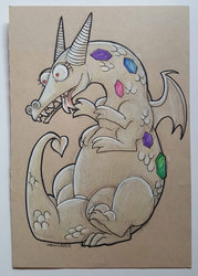 Size: 1075x1500 | Tagged: safe, artist:darkodraco, crackle, dragon, g4, colored pencil drawing, dragoness, female, ink drawing, open mouth, partial color, simple background, sketch, solo, teeth, tongue out, traditional art