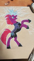 Size: 1688x3000 | Tagged: safe, artist:darkodraco, tempest shadow, pony, unicorn, g4, my little pony: the movie, armor, bipedal, broken horn, eye scar, female, hoof shoes, horn, ink drawing, magic, mare, open mouth, scar, solo, sparking horn, traditional art