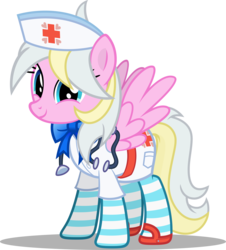 Size: 2713x3000 | Tagged: safe, artist:cyberapple456, oc, oc only, oc:skylight ribbons, pegasus, pony, clothes, cosplay, costume, female, happy, hat, high res, looking at you, nurse, nurse outfit, ribbon, show accurate, simple background, socks, solo, striped socks, transparent background, uniform, vector