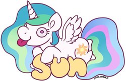 Size: 900x582 | Tagged: safe, artist:darkodraco, princess celestia, alicorn, pony, g4, derp, female, mare, simple background, smiling, solo, spread wings, tongue out, white background, wings