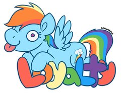 Size: 900x666 | Tagged: safe, alternate version, artist:darkodraco, part of a set, rainbow dash, pegasus, pony, g4, derp, element of loyalty, female, mare, simple background, smiling, solo, spread wings, tongue out, white background, wings