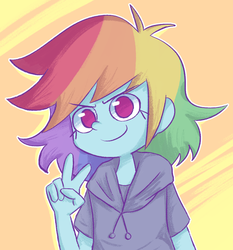 Size: 1107x1187 | Tagged: safe, artist:typhwosion, rainbow dash, human, g4, alternate hairstyle, clothes, cute, dashabetes, female, haircut, hoodie, humanized, no pupils, peace sign, solo