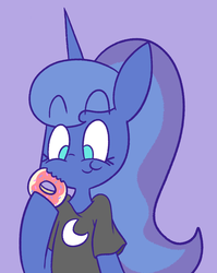 Size: 933x1171 | Tagged: safe, artist:typhwosion, princess luna, semi-anthro, g4, alternate hairstyle, arm hooves, clothes, cute, donut, eating, female, food, hoof hold, lunabetes, no pupils, ponytail, purple background, shirt, simple background, solo