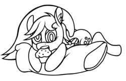 Size: 1000x646 | Tagged: safe, artist:sepiakeys, derpy hooves, pegasus, pony, g4, bubble butt, female, food, lineart, mare, muffin, pillow, prone, solo