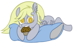 Size: 1000x612 | Tagged: safe, artist:sepiakeys, derpy hooves, pegasus, pony, g4, bubble butt, female, food, mare, muffin, pillow, prone, solo