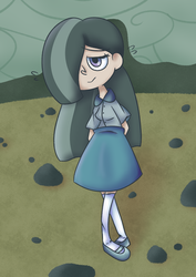Size: 1280x1813 | Tagged: safe, artist:typhwosion, marble pie, human, g4, clothes, cute, female, hair over one eye, hands behind back, humanized, marblebetes, mary janes, rock, rock farm, shoes, skirt, socks, solo, thigh highs, zettai ryouiki