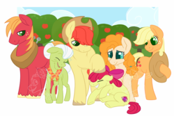 Size: 1000x666 | Tagged: safe, alternate version, artist:darkodraco, apple bloom, applejack, big macintosh, bright mac, granny smith, pear butter, earth pony, pony, g4, apple bloom's cutie mark, apple family, apple siblings, apple sisters, apple tree, bow, brother and sister, cowboy hat, exploitable meme, eye clipping through hair, eyes closed, family, father and daughter, father and son, female, filly, freckles, grandmother and grandchild, grandmother and granddaughter, grandmother and grandson, hair bow, hat, husband and wife, male, mare, meme, mother and child, mother and daughter, mother and daughter-in-law, mother and son, obtrusive watermark, open mouth, siblings, sisters, smiling, stallion, the whole apple family, tree, unshorn fetlocks, wall of tags, watermark