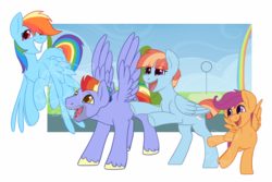 Size: 1000x666 | Tagged: safe, alternate version, artist:darkodraco, bow hothoof, rainbow dash, scootaloo, windy whistles, pegasus, pony, g4, bipedal, excited, family, female, filly, male, mare, obtrusive watermark, open mouth, smiling, spread wings, stallion, unshorn fetlocks, watermark, wings