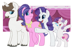 Size: 1000x666 | Tagged: safe, alternate version, artist:darkodraco, cookie crumbles, hondo flanks, rarity, sweetie belle, pony, unicorn, g4, bipedal, eyes closed, family, female, filly, happy, male, mare, open mouth, raised hoof, smiling, stallion, unshorn fetlocks, watermark