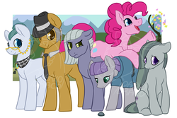 Size: 1000x666 | Tagged: safe, alternate version, artist:darkodraco, boulder (g4), cloudy quartz, igneous rock pie, limestone pie, marble pie, maud pie, pinkie pie, earth pony, pony, g4, confetti, family, female, floppy ears, glasses, hat, looking at you, looking down, male, mare, necktie, obtrusive watermark, pie family, pie sisters, raised hoof, siblings, sisters, smiling, stallion, unamused, watermark