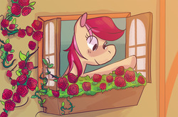 Size: 850x561 | Tagged: safe, artist:stevetwisp, roseluck, pony, g4, cute, eye clipping through hair, female, flower, mare, rosabetes, rose, solo, thorn, windowsill