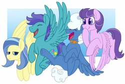 Size: 1000x666 | Tagged: safe, alternate version, artist:darkodraco, clear skies, fluffy clouds, open skies, sunshower, pegasus, pony, g4, bowtie, eyes closed, female, laughing, male, mare, open mouth, smiling, spread wings, stallion, unamused, weather control pegasi, wings