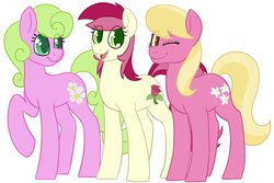 Size: 1000x666 | Tagged: safe, alternate version, artist:darkodraco, daisy, flower wishes, lily, lily valley, roseluck, earth pony, pony, g4, female, flower trio, looking at you, mare, one eye closed, open mouth, raised hoof, simple background, smiling, trio, trio female, white background, wink