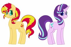 Size: 1000x666 | Tagged: safe, alternate version, artist:darkodraco, starlight glimmer, sunset shimmer, pony, unicorn, g4, female, looking at you, looking back, mare, simple background, smiling, white background