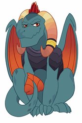 Size: 666x1000 | Tagged: safe, artist:darkodraco, dragon lord torch, dragon, g4, grin, looking at you, male, simple background, sitting, smiling, solo, white background