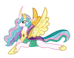 Size: 1280x1000 | Tagged: safe, artist:maskarie, princess celestia, alicorn, changedling, changeling, pony, g4, to where and back again, changedlingified, changelingified, curved horn, cute, cutelestia, female, floppy ears, hoof shoes, horn, lidded eyes, princess chryslestia, prone, simple background, smiling, solo, species swap, spread wings, transparent background, wings, yellow sclera