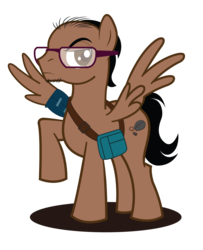 Size: 1383x1703 | Tagged: safe, artist:kenuma, oc, oc only, oc:high stressed, pegasus, pony, bag, bald, cutie mark, glasses, immobilizer, male, solo, stallion