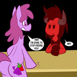 Size: 576x576 | Tagged: safe, artist:pembroke, berry punch, berryshine, oc, oc:louie, demon pony, earth pony, pony, here comes berry punch, g4, berry butt, butt, hell, plot, single panel, speech bubble