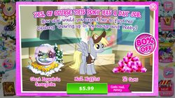 Size: 1136x640 | Tagged: safe, gameloft, derpy hooves, fluttershy, meadowbrook, pony of shadows, pegasus, pony, g4, advertisement, costs real money, food, introduction card, mailmare, meta, snow globe, that one nameless background pony we all know and love