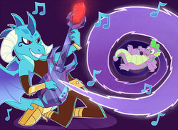 Size: 1000x727 | Tagged: safe, artist:darkodraco, princess ember, spike, dragon, g4, armor, bloodstone scepter, danny phantom, dragoness, electric guitar, ember mclain, fangs, female, grin, gritted teeth, guitar, male, music notes, musical instrument, namesake, open mouth, pun, smiling, that dragon sure does love guitars, visual pun