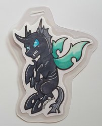 Size: 2428x3000 | Tagged: safe, artist:darkodraco, changeling, angry, badge, fangs, gritted teeth, high res, male, solo, traditional art